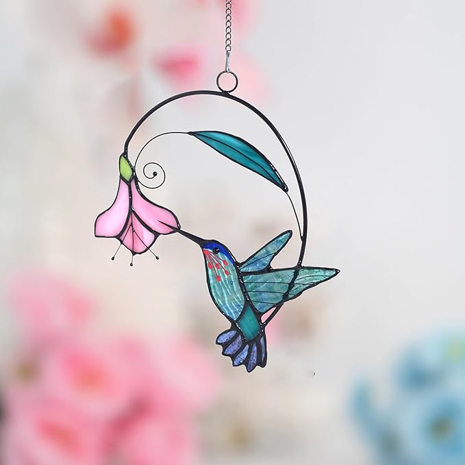 Lolitarcrafts Stained Glass Hummingbird Window Hangings with Flowers, Bird Stained Glass Suncatcher for Window Decor Hummingbird Gifts for Mom,Bird Lovers (Blue with Flower A)-BloomoryGarden