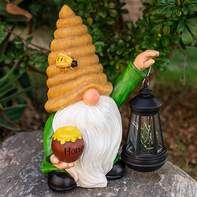 12.3''Solar Garden Gnome Outdoor Decor Honey Bee jar Gnome Statue with LED Lantern Fall Patio Yard Art Decoration Christmas Gardening Birthday Gifts for Women Mom, Honey Bee Gnome-BloomoryGarden