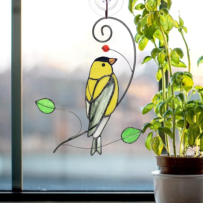 Lolitarcrafts Goldfinch Stained Glass Window Hangings Bird Suncathers for Window-BloomoryGarden