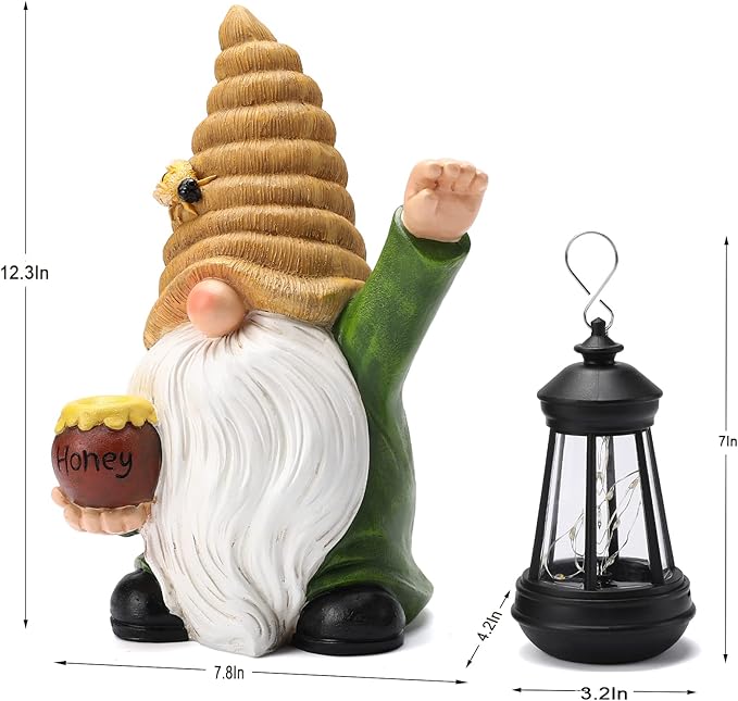 12.3''Solar Garden Gnome Outdoor Decor Honey Bee jar Gnome Statue with LED Lantern Fall Patio Yard Art Decoration Christmas Gardening Birthday Gifts for Women Mom, Honey Bee Gnome-BloomoryGarden
