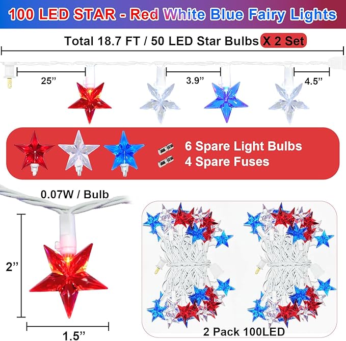 100 LED Red White and Blue Star Lights, 37FT 4th of July Star String Lights Plug in for Home Patio Garden Yard Memorial Day Independence Day Patriotic Decorations Outdoor, White Wire-BloomoryGarden