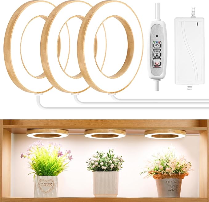 LORDEM 6.3" Bamboo Ceiling Grow Lamp for Indoor Plants, 216 LEDs Full Spectrum Halo Plant Light, Under Cabinet Grow Lights with 4/8/12H Auto Timer Switch Modes, 4 Dimmable Brightness Levels, Tri Head-BloomoryGarden