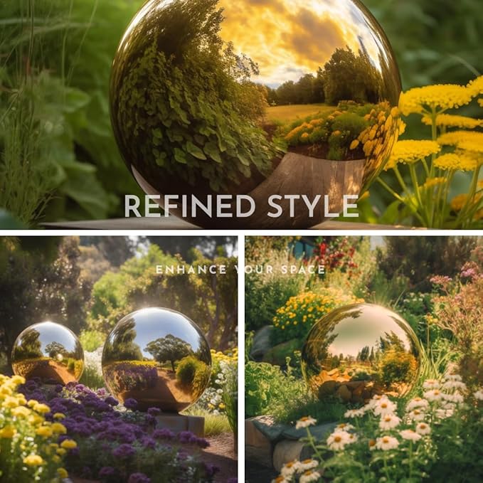 10 Inch Stainless Steel Gazing Globe,v2croft Hollow Ball Mirrored Surface Polished Shiny Sphere,Garden Stainless Steel Gazing Ball for Outdoor Lawn Pond Yard Ornament(Gold)-BloomoryGarden