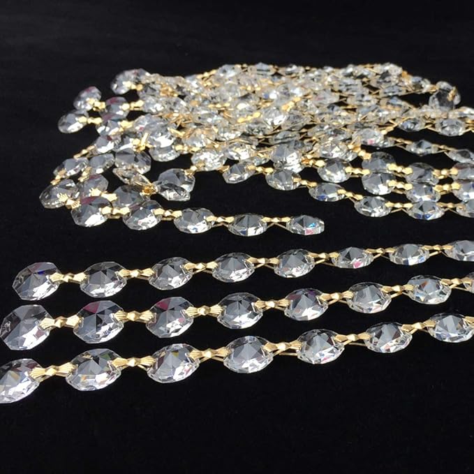 12.5 FT Crystal Glass Strand, Garland Octagon Beads Chandelier Crystal Prism Replacement for Hanging Clear with Golden Clips-BloomoryGarden