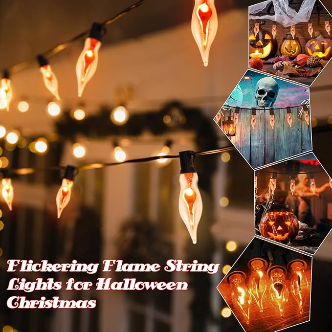 12.8Ft Christmas Lights Flickering Flame String Lights with 12 Pack Clear C7 Flame Light Bulbs（2 Spare）, Great for Indoor Outdoor Home Patio Party Christmas Decorations Lights, 1W, E12 Base-BloomoryGarden