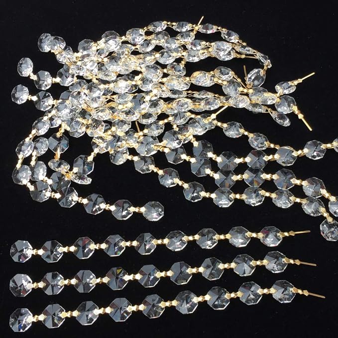 12.5 FT Crystal Glass Strand, Garland Octagon Beads Chandelier Crystal Prism Replacement for Hanging Clear with Golden Clips-BloomoryGarden