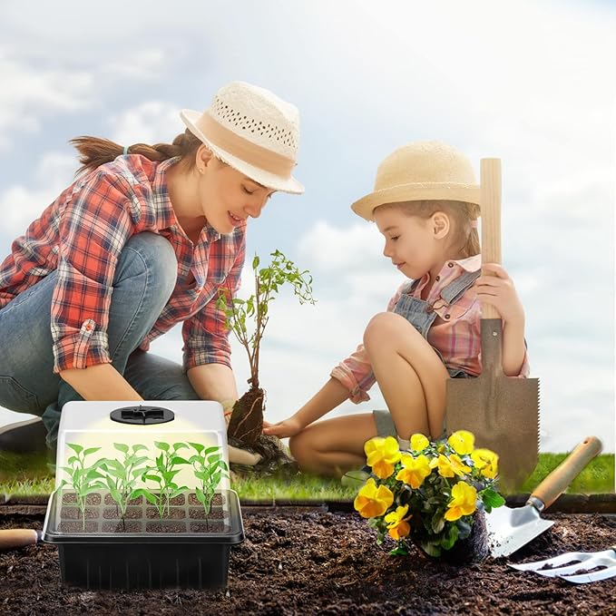 Lunies 6 Packs Seed Starter Trays with Grow Light, Seeding Starter Tray with Adjustable Humidity Dome, Base Indoor Greenhouse Germination Kit for Seed Growing Starting(12 Cells per Tray, Black)-BloomoryGarden