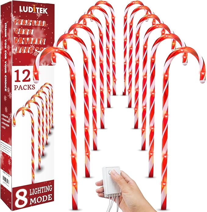 Luditek 24.5 inch Christmas Candy Cane Pathway Markers Set of 12 Christmas Outdoor Outside Decorations Lights 8 Blinking Modes Indoor Holiday Xmas Yard Patio Garden Walkway Decor-BloomoryGarden