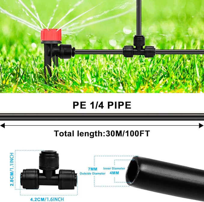 100FT PE Drip Irrigation Tubing, 1/4 inch Blank Distribution Tubing with 10PCS 1/4" Drip Irrigation Tee Connectors for Quick Connector Irrigation System-BloomoryGarden