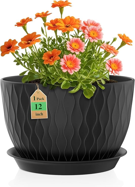 12 Inch Large Plant Pots for Indoor or Outdoor Plants, Wide Water Ripples Flower Pots with Drainage Holes & Saucer, Plastic Planters Set for Garden & Home Decor (Black)-BloomoryGarden
