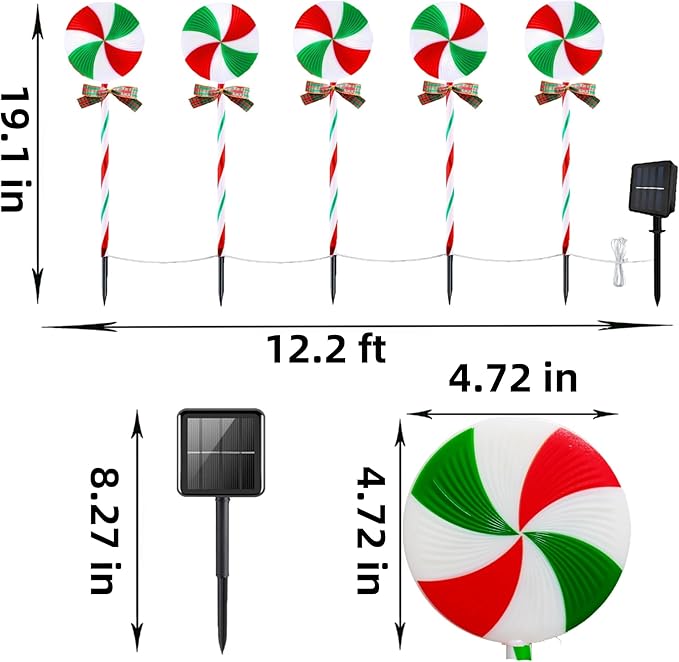 10 Packs Christmas Pathway Lollipop Lights with Bow Tie Solar Powered Outdoor Waterproof Xmas Candy Cane Path Landscape Decorative Stake Lights 2 Solar Panel + 10 Lights-BloomoryGarden