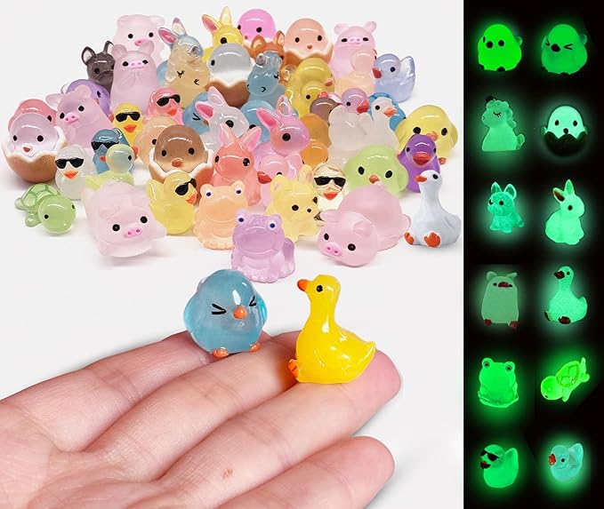 Luminous Mini Resin Animals 50 Pcs Tiny Animals to Hide Around The Office Home Mini Ducks Tiny Frogs Small Birds Little Rabbits Glow in The Dark for Crafts Fairy Garden Accessories-BloomoryGarden