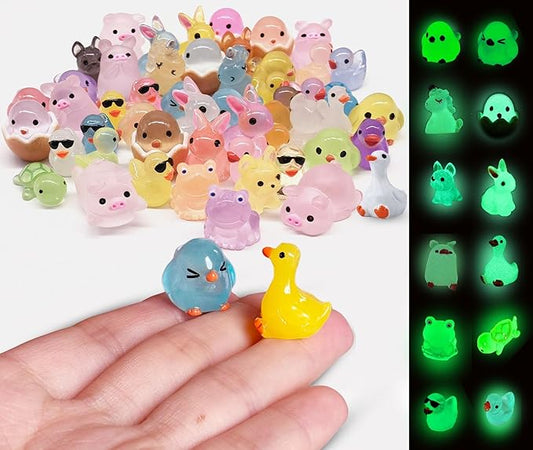 Luminous Mini Resin Animals 50 Pcs Tiny Animals to Hide Around The Office Home Mini Ducks Tiny Frogs Small Birds Little Rabbits Glow in The Dark for Crafts Fairy Garden Accessories-BloomoryGarden