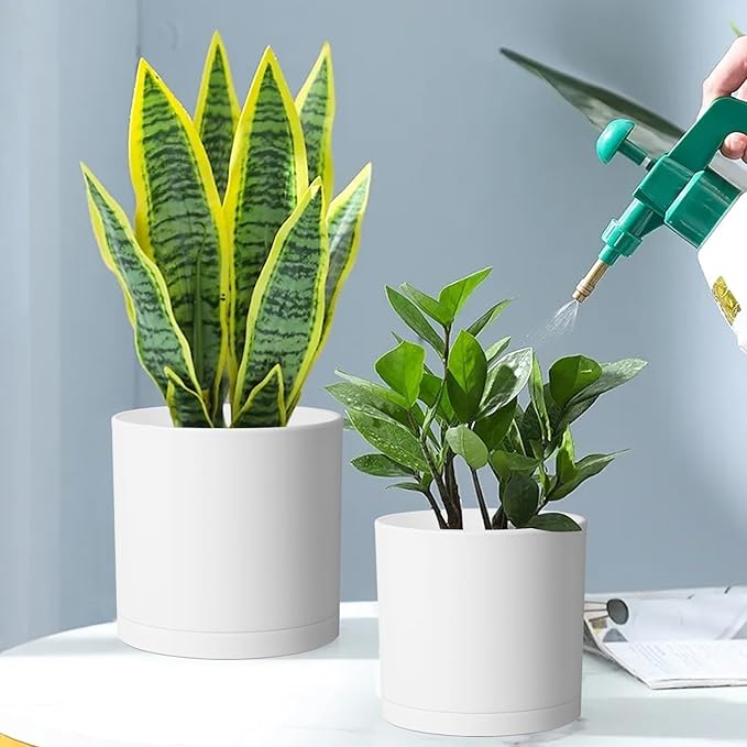 10/8/6 inch Deep Flower Pots, 3 Pack Cylinder Tall Plant Pots for Outdoor Indoor Plants, Large Decorative Plastic Planters with Drainage Holes and Saucers for Garden House Plants, White-BloomoryGarden