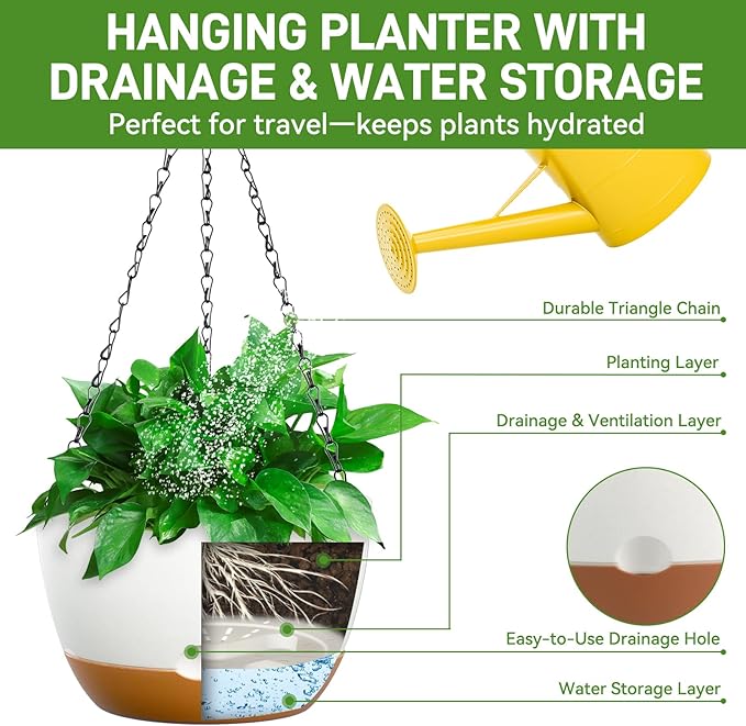 10 Inch Hanging Planters for Indoor & Outdoor Use (2 Pack) - Self-Watering & Drainage Flower Pots with Chain & Macrame Hangers (White, 10 in)-BloomoryGarden