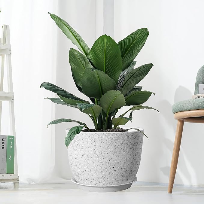 12/10/9 Large Modern Plant Pots, Plastic Planters with Drainage Holes and Saucers for Indoor Outdoor Plants Flowers, White Speckles-BloomoryGarden