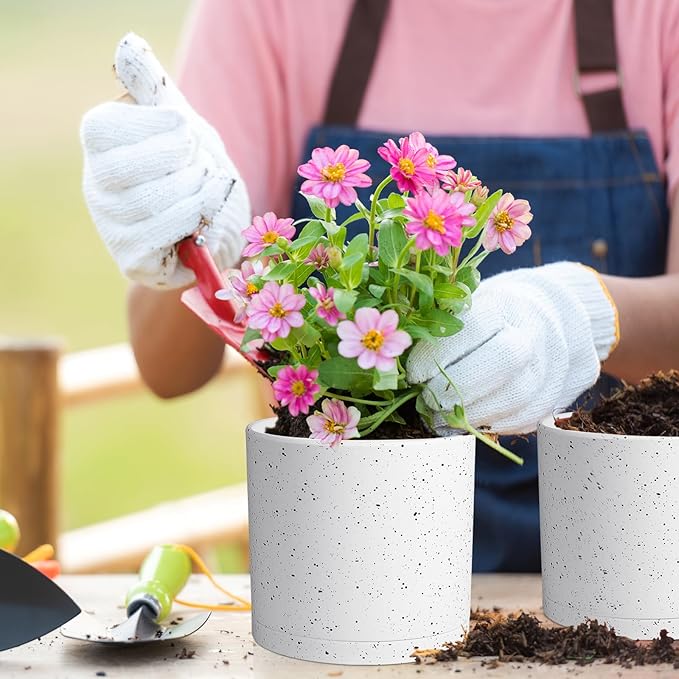 10/8/6 inch Deep Flower Pots, Cylinder Large Plant Pots for Outdoor Indoor Plants, 3 Pack Tall Plastic Planters with Drainage Holes and Saucers for Garden House Plants, Speckled White-BloomoryGarden