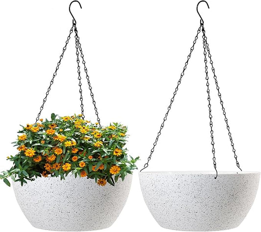 13 inch Large Hanging Planters Plant Pots for Outdoor Indoor Plants with Drainage Holes and Chain, 2 Pack Round Hanging Flower Pots for Garden Home Porch Decor, Speckled White-BloomoryGarden