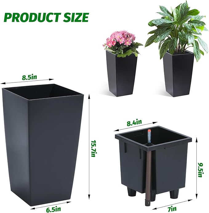 16" Tall Planters Set of 2, Outdoor＆Indoor Black Planter Pots, High Front Porch Planter Pots with Drainage Holes＆Water Level Monitor＆Inner Bucket, Automatic Watering,Black-BloomoryGarden