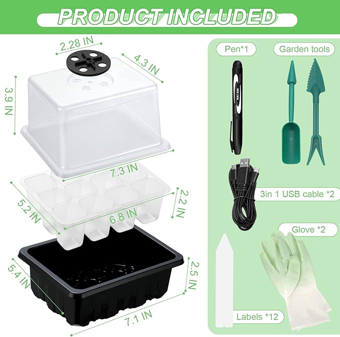 Lunies 6 Packs Seed Starter Trays with Grow Light, Seeding Starter Tray with Adjustable Humidity Dome, Base Indoor Greenhouse Germination Kit for Seed Growing Starting(12 Cells per Tray, Black)-BloomoryGarden