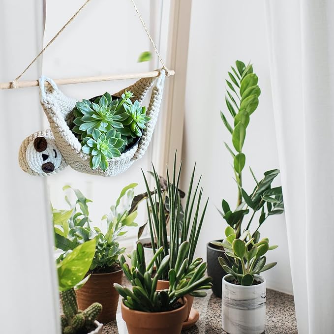 Macrame Plant Hanger Crochet Sloth Hanging Planter Sloth Gifts,5 Inch Animal Wall Hanging Plant Holder for Plant Sloth Lovers, Home Decor Indoor Outdoor Plants Succulent Gifts-BloomoryGarden