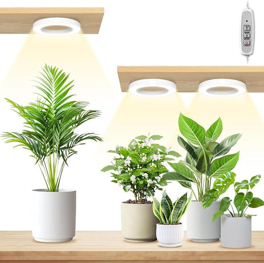LORDEM 6.3” Ceiling Grow Lamp for Indoor Plants, 216 LEDs Full Spectrum Halo Plant Light, Under Cabinet Grow Lights with 4/8/12H Auto Timer, 3 Switch Modes, 4 Dimmable Brightness Levels, Tri Head-BloomoryGarden
