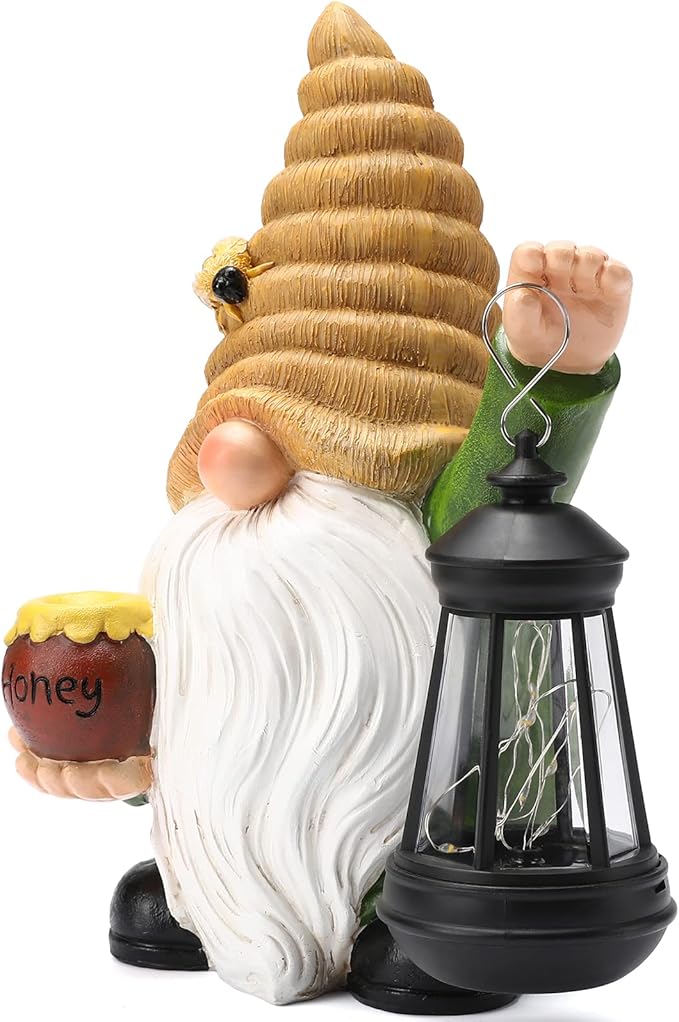 12.3''Solar Garden Gnome Outdoor Decor Honey Bee jar Gnome Statue with LED Lantern Fall Patio Yard Art Decoration Christmas Gardening Birthday Gifts for Women Mom, Honey Bee Gnome-BloomoryGarden