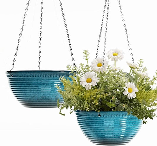 10in Hanging Planters for Indoor and Outdoor Plants, 2 Pack Hanging Planter with Drainage Hole, Round Hanging Flower Pots for Garden Home Decor (Blue)-BloomoryGarden