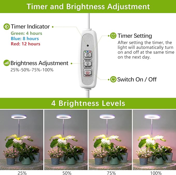 LORDEM Grow Light, LED Plant Light for Indoor Plants Growing, Full Spectrum Desk Growth Lamp with Automatic Timer for 4H/8H/12H, 4 Dimmable Levels, Height Adjustable 9.8"-30.6"-BloomoryGarden