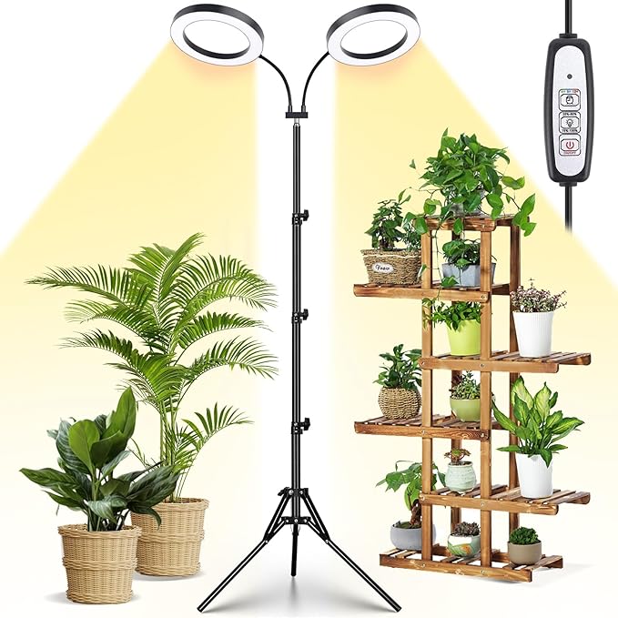 LORDEM Grow Light for Indoor Plants, Dual-Head Plant Light for Plants Growing, Full Spectrum Growth Lamp with Auto Timer for 4/8/12H, 4 Dimmable Levels, 144 LEDs, Height Adjustable Stand 24.4"- 67"-BloomoryGarden
