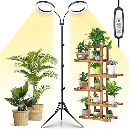 LORDEM Grow Light for Indoor Plants, Dual-Head Plant Light for Plants Growing, Full Spectrum Growth Lamp with Auto Timer for 4/8/12H, 4 Dimmable Levels, 144 LEDs, Height Adjustable Stand 24.4"- 67"-BloomoryGarden