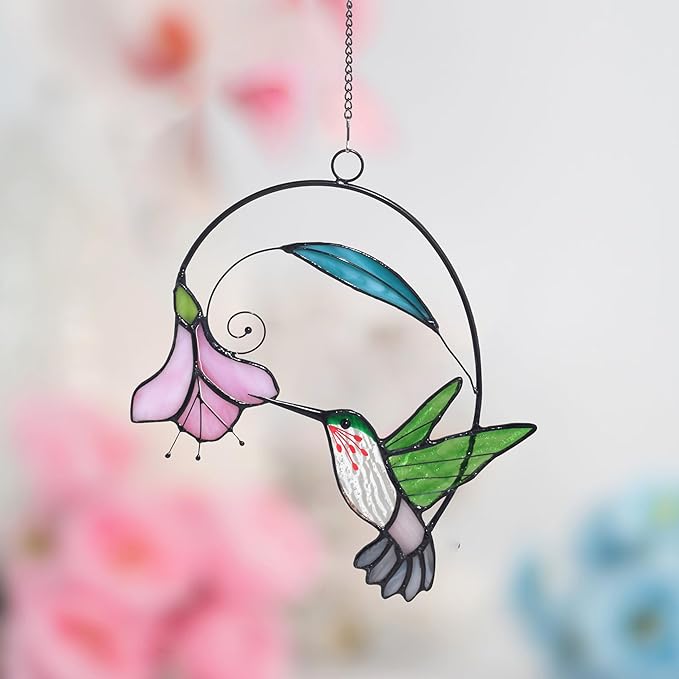Lolitarcrafts Stained Glass Hummingbird Window Hangings with Flowers, Bird Stained Glass Suncatcher for Window Decor Hummingbird Gifts for Mom,Bird Lovers (Green with Flower A)-BloomoryGarden