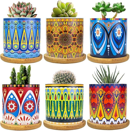 Mandala Succulent Pot with Drainage Hole & Bamboo Coaster, Small Plant Pots, Bohemian Ceramic Succulent Planter Pot for Small Plant-6 Pack-BloomoryGarden