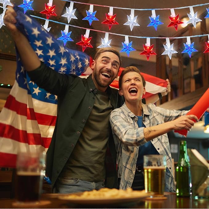 100 LED Red White and Blue Star Lights, 37FT 4th of July Star String Lights Plug in for Home Patio Garden Yard Memorial Day Independence Day Patriotic Decorations Outdoor, White Wire-BloomoryGarden
