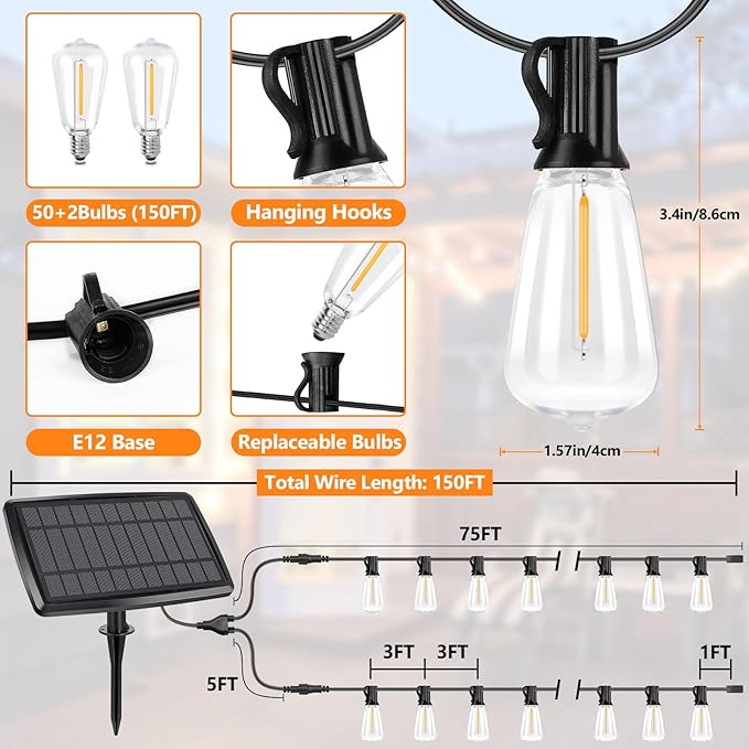 150FT Solar String Lights for Outside, Solar Powered Patio Lights with 52 Shatterproof ST38 Edison Bulbs & Remote Control,Dimmable LED Solar String Lights for Outside Waterproof-BloomoryGarden