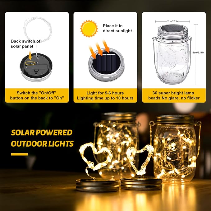 HXWEIYE 8 Pack Solar Mason Jar Lights Lanterns,Jars & Hangers Included，30LED Waterproof Hanging Outdoor Fairy Lights for Patio Garden Porch Yard Backyard Balcony Wedding(Warm White)