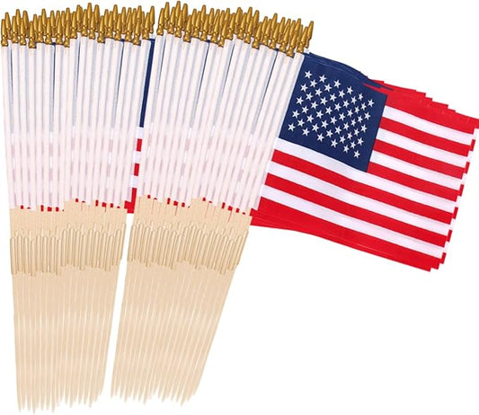 100 Pcs 12x18 Inch American Flags on Stick, American Flags, USA Stick Flag with Handheld and Grounded Multi-Purpose Flagpole, Design for Memorial Day, 4th of July, Veterans Day-BloomoryGarden