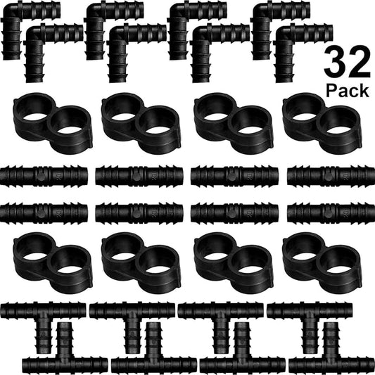 Maitys Irrigation Fittings Kit for Tubing 32 Piece Set, 8 Tees, 8 Couplings, 8 Elbows and 8 End Cap Plugs Barbed Connectors for Drip Sprinkler Systems, Garden, Patio, Lawn or Flower Bed (1/2 Inch)-BloomoryGarden