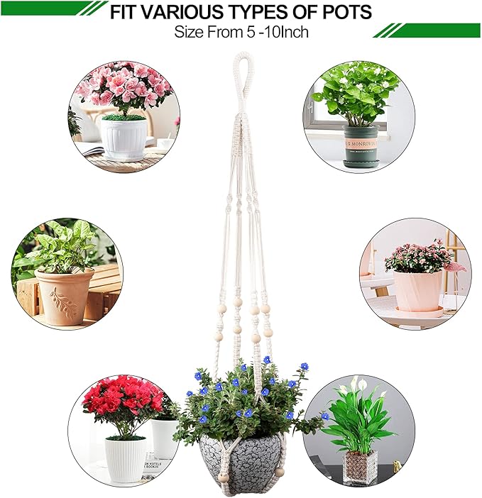 Macrame Plant Hanger for 5 to 10 Inch Plant Pots, Set of 2 Indoor Handmade 35 Inch Woven Rope Hanger Kits with Hooks and Wood Beads, Hanging Planter Basket Holder for Boho Home Decor (White, 2 Pack)-BloomoryGarden