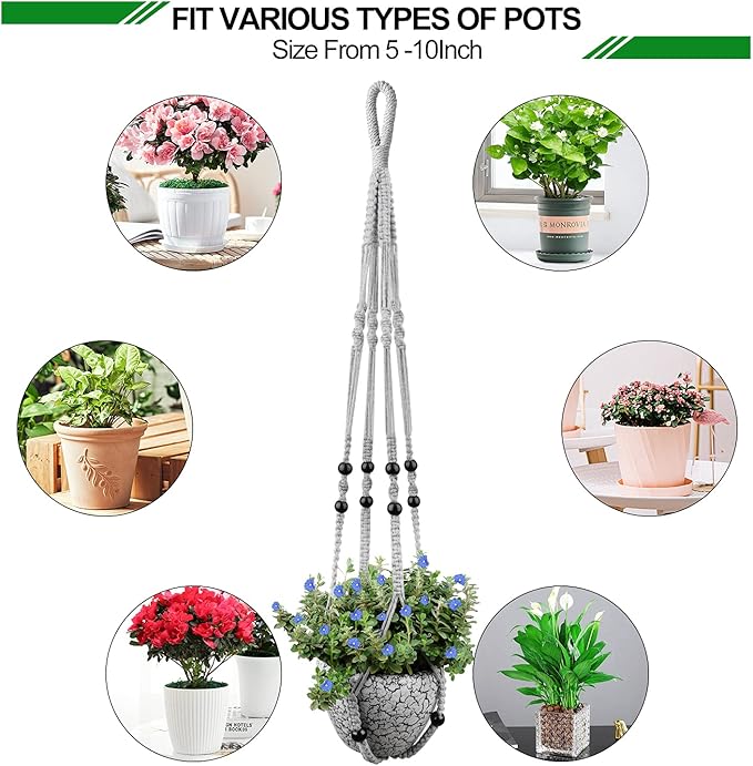 Macrame Plant Hanger for 5 to 10 Inch Plant Pots, Set of 2 Indoor Handmade 35 Inch Woven Rope Hanger Kits with Hooks and Wood Beads, Hanging Planter Basket Holder for Boho Home Decor (Grey, 2 Pack)-BloomoryGarden