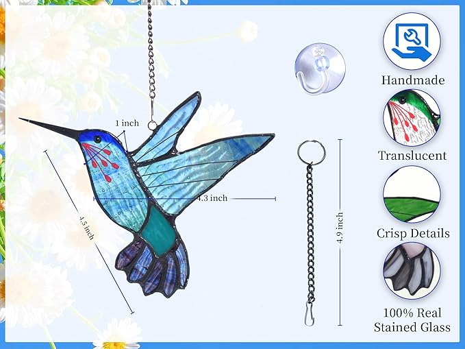 Lolitarcrafts Stained Glass Hummingbird Window Hangings with Flowers, Bird Stained Glass Suncatcher for Window Decor Hummingbird Gifts for Mom,Bird Lovers (Blue A)-BloomoryGarden