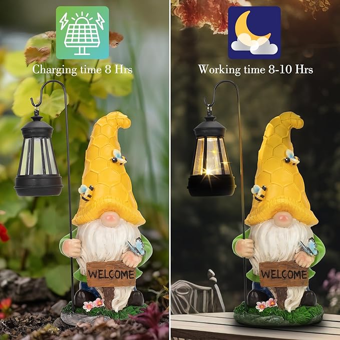 12.6'' Solar Large Garden Gnomes Outdoor Statues with Lantern, Welcome Gnome Garden Outdoor Decor Gift Waterproof Decoration for Patio, Balcony, Yard Ornament - Unique Housewarming Gifts-BloomoryGarden