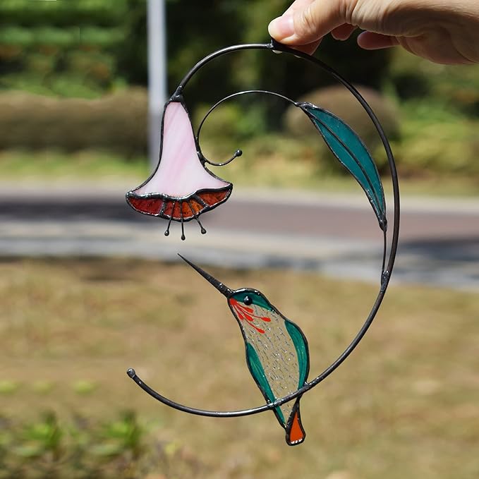 Lolitarcrafts Hummingbird with Flower Stained Glass Suncatcher Bird Stained Glass Window Hangings Hummingbird Gift for Home Decor (Green)-BloomoryGarden