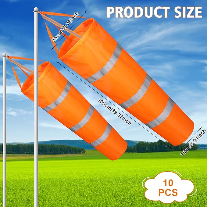 10 Pcs Airport Windsocks 40 Inch Outdoor Hanging Heavy Duty Wind Direction Measurement Wind Sock Windsocks with Reflective Belt for Outdoors Airport Farm Park (Orange)-BloomoryGarden