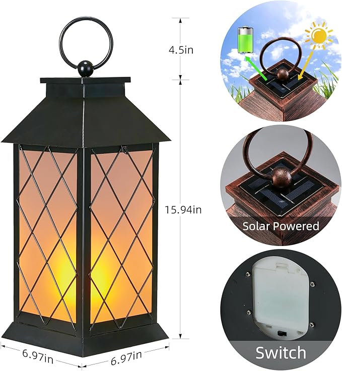 18" Solar Lanterns Outdoor Waterproof, Glass Solar Flickering Flame Lantern Large Hanging Solar Lantern Metal Decorative for Patio Garden Backyard Outside Tabletop (Vintage Black)-BloomoryGarden