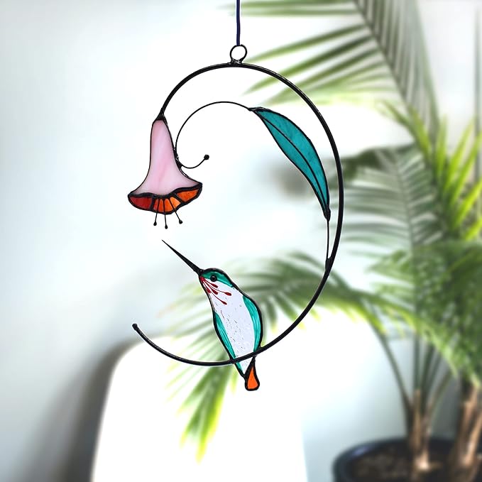 Lolitarcrafts Hummingbird with Flower Stained Glass Suncatcher Bird Stained Glass Window Hangings Hummingbird Gift for Home Decor (Green)-BloomoryGarden