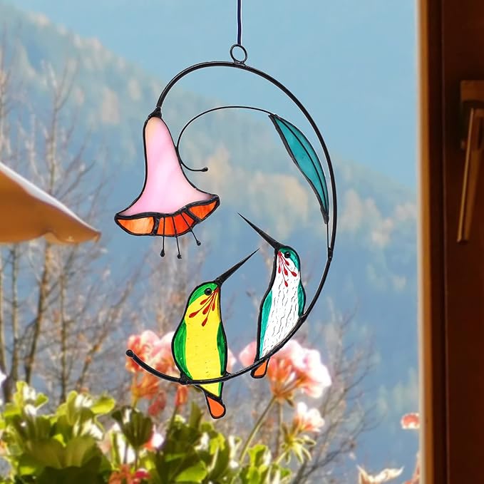 Lolitarcrafts Hummingbird with Flower Stained Glass Suncatcher Bird Stained Glass Window Hangings Hummingbird Gift for Home Decor (Green 1 Pair)-BloomoryGarden