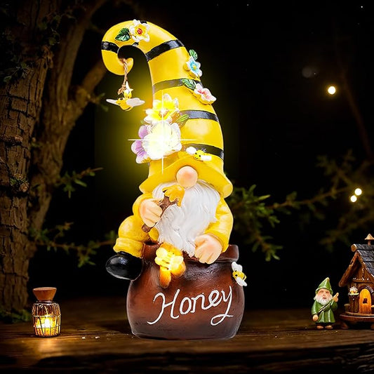 13" Garden Solar Spring Gnomes Statues Outdoor Spring Decor with LED Lighted Bee and Flowers Funny Garden Sculpture for Patio Yard Lawn Decorations Gifts-BloomoryGarden