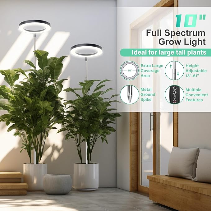 LORDEM 10" Full Spectrum Plant Light, 160 LEDs Large Grow Light for Indoor Tall Plants, Growing Lamp with 4/8/12H Auto Timer, 10 Dimmable Levels, 3 Spectrum Modes, 61" Height Adjustable, Pack of 2-BloomoryGarden