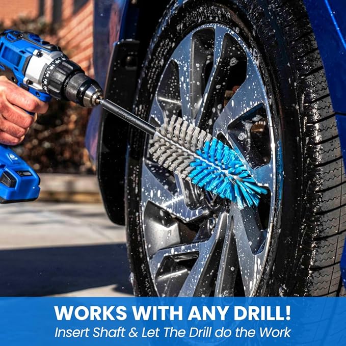 Long Reach Drill Brush Attachment, All Purpose for Car Tires, Wheels, Wheel Wells, Engine Bays, Exhaust Pipes, Running Boards, Hard to Reach Areas, with Heavy Duty Non-Scratch Nylon Bristles-BloomoryGarden